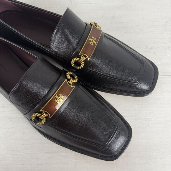 Tory Burch Size 8.5 Perrine Loafer Shoes Square Toe Logo Leather Perfect Black - Picture 9 of 16
